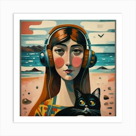 Girl With Headphones And A Cat 3 Art Print