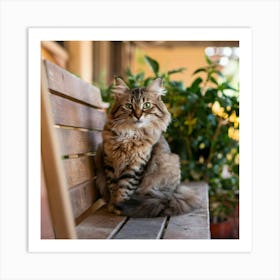Cat Sitting On A Wooden Bench Art Print