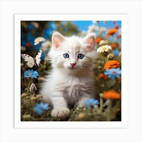 White Kitten In Flowers Art Print