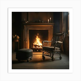 A rolling chair next to a burning fireplace in a romantic scene Art Print