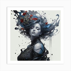 Woman With Blue Hair And Flowers Art Print