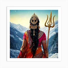 Firefly Indian, Married Woman, Sari, Traditional, Durga, Trident, Weapon, Snow, Hills, Backward View (8) Art Print