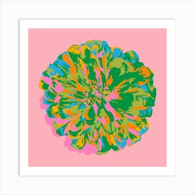 CHRYSANTHEMUMS Single Abstract Polka Dot Floral Summer Bright Flower in Green Blue Pink Yellow on Pale Pink Art Print