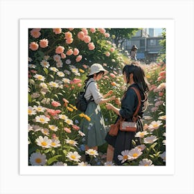 WOMEN PICKING FLOWERS Art Print