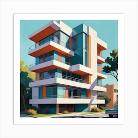 Graphic Illustration Of Mid Century Architecture With Sleek Lines And Vibrant Colors, Style Graphic Design Art Print 1 Art Print