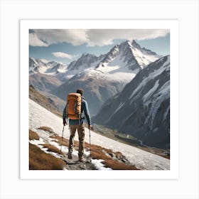 Man Hiking In Mountains Art Print