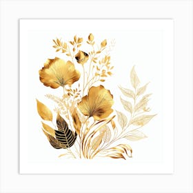 Gold Flowers Watercolor Abstract Art Print