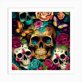 Sugar Skulls And Roses Art Print