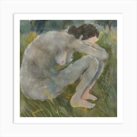 A woman sits on a rock, her legs crossed and her hands covering her face. She does not wear clothes that show her breasts. The scene takes place in an outdoor setting with grass surrounding the woman and a tree in the background. Art Print