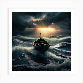 Stormy Sea, A Small Boat Braving A Stormy Sea Symbolizing Courage In Adversity 3 Art Print