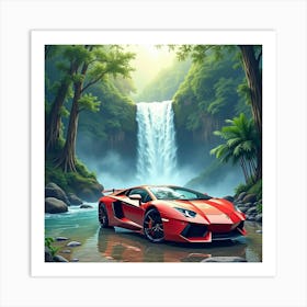 Lamborghini Aventador By A Watercolor Waterfall In A Tropical Forest 1 1 Art Print