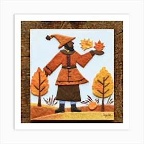 A Seasonal Autumn Greeting Card Joyfully Featuring A Cheerful Pilgrim Adorned In The Traditional Br 2 2 Art Print