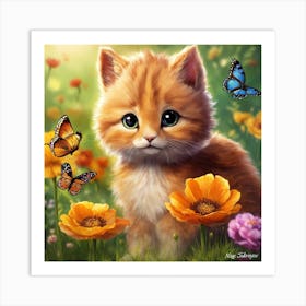 Orange Kitten With Butterflies Art Print