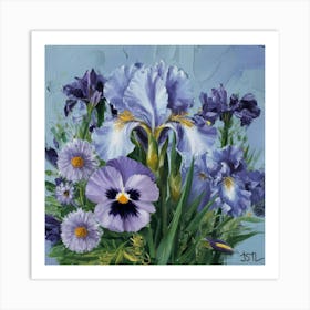 Iris Pansies And Asters Art Print