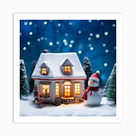 Miniature House Aglow With Warm Lights Nestled In A Snowy Landscape A Snowman Standing Sentinel Nea Art Print