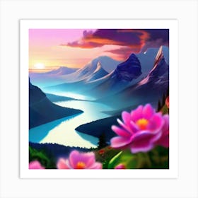 Mountain Landscape With Pink Flowers Art Print