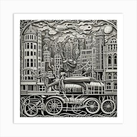 Steampunk Streetscape Monochrome Cubism Style Art Print