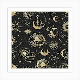 Asian Seamless Pattern With Clouds Moon Sun Stars Vector Collection Oriental Chinese Japanese Korean Art Print