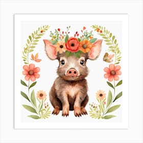 Floral Baby Boar Nursery Illustration (10) Art Print