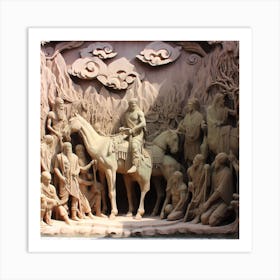Visualize a scene from the dawn of civilization, with a sculptural representation of nomadic tribes cooperating in their search for sustenance." Art Print