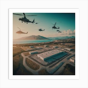 Military Helicopters Flying Over The Sea Art Print