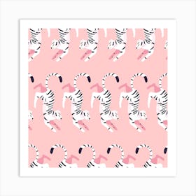 Prancing White Tiger Pattern On Pink Square Art Print