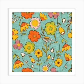 70s Garden Floral Blue Art Print