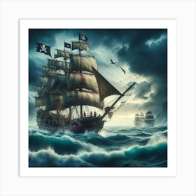 Pirate Ship In Stormy Sea Art Print