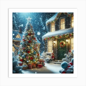 Christmas House At Night Art Print