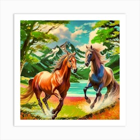 Two Horses Running In The Countryside Art Print