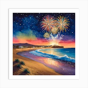 New Year's Eve Fireworks At The Beach Art Print