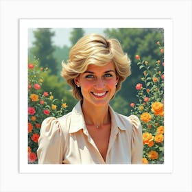 Smiling Princess Diana In Watercolor Hues With Vibrant Garden Backdrop Art Print