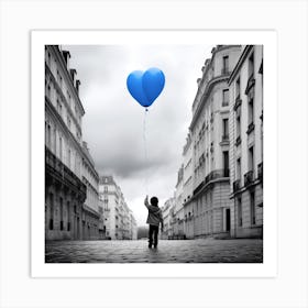 Boy Holding A Blue Heart Balloon empty city Art Print