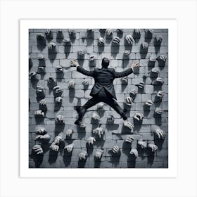 Businessman Jumping Over A Wall Of Hands Art Print