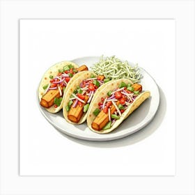 A Charming Watercolor Image Of A Plate Of Crispy And Flavorful Fish Tacos With A Side Of Coleslaw 1 Art Print