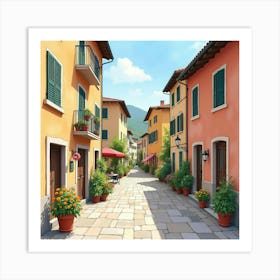 Cozy Italian Village Street In Watercolor, Adorned With Flower Pots And Charming Houses 1 Art Print