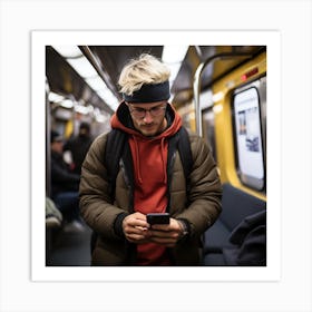 Young Man On A Subway Looking At His Phone Art Print