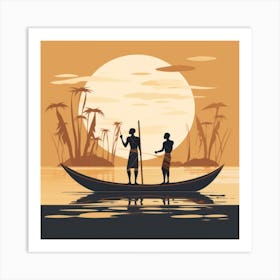 Silhouette Of Two People In A Boat Art Print