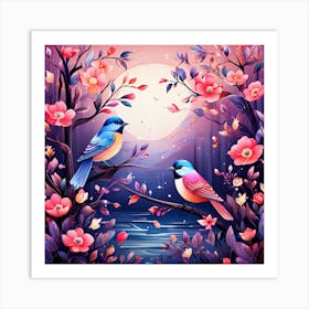 A Bright Toned Design With Flowers And Leaves Trees And Birds A Beautiful And Simple Picture That 296923191 Art Print