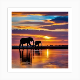 Sunset With Elephants Art Print