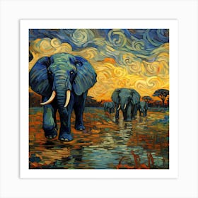 Elephants At Sunset Art Print