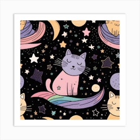 Seamless Pattern With Cats And Stars Art Print