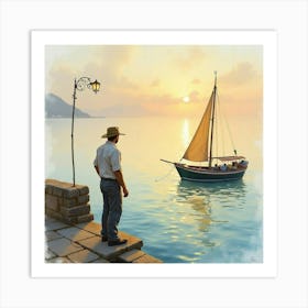 Charming Watercolor Of An Italian Fisherman At Dawn By The Tranquil Sea Art Print