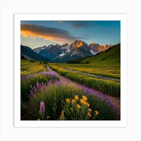 Field Purple Flowers With Mountain Background Art Print