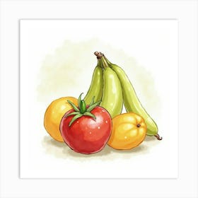 Fresh Produce Illustrated With A Sophisticated Watercolor Touch And Background 1 Art Print