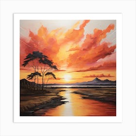 Sunset Over The River \ Acrylic colours 1 Art Print