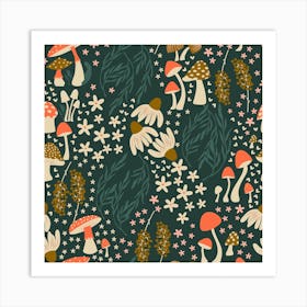 Mushroom Pattern With Flowers On Green Square Art Print