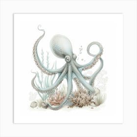 Storybook Style Octopus On The Ocean Floor With Aqua Marine Plants 1 Art Print