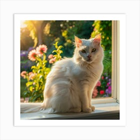 White Cat Sitting On Window Sill Art Print