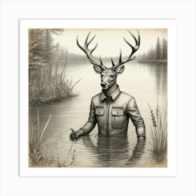 Deer In The Water 7 Art Print